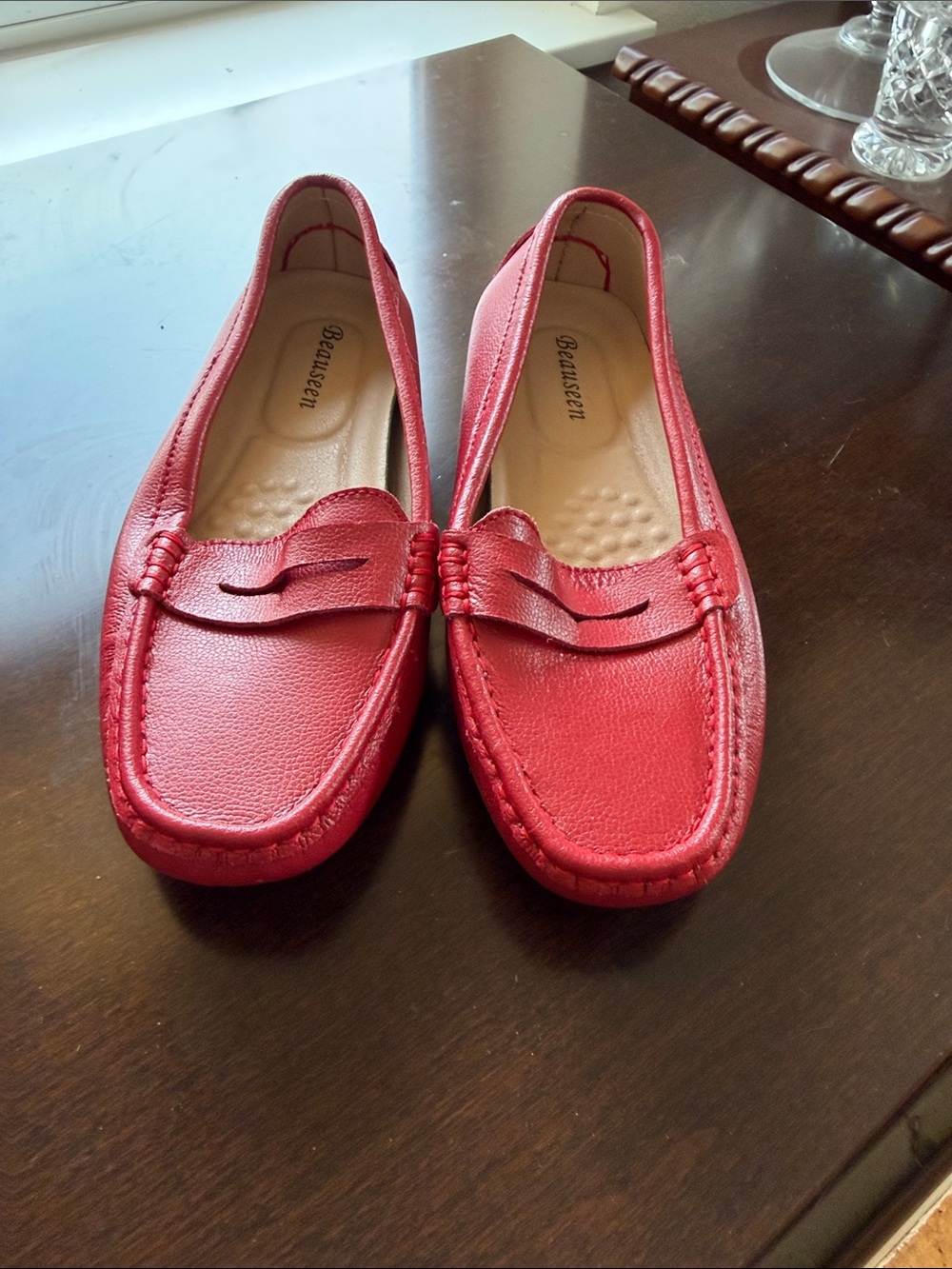 Beautseen Red Leather Penny Loafers - Slip-On Comfort